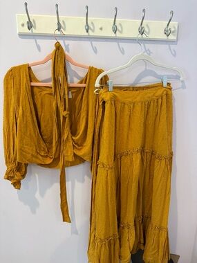 Auguste The Label Mustard Matching Set: Two-Piece Boho Wrap Top & Tiered Skirt